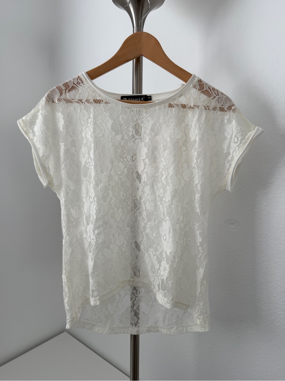 Allegra K Cream Lace Short Sleeve Sheer Blouse